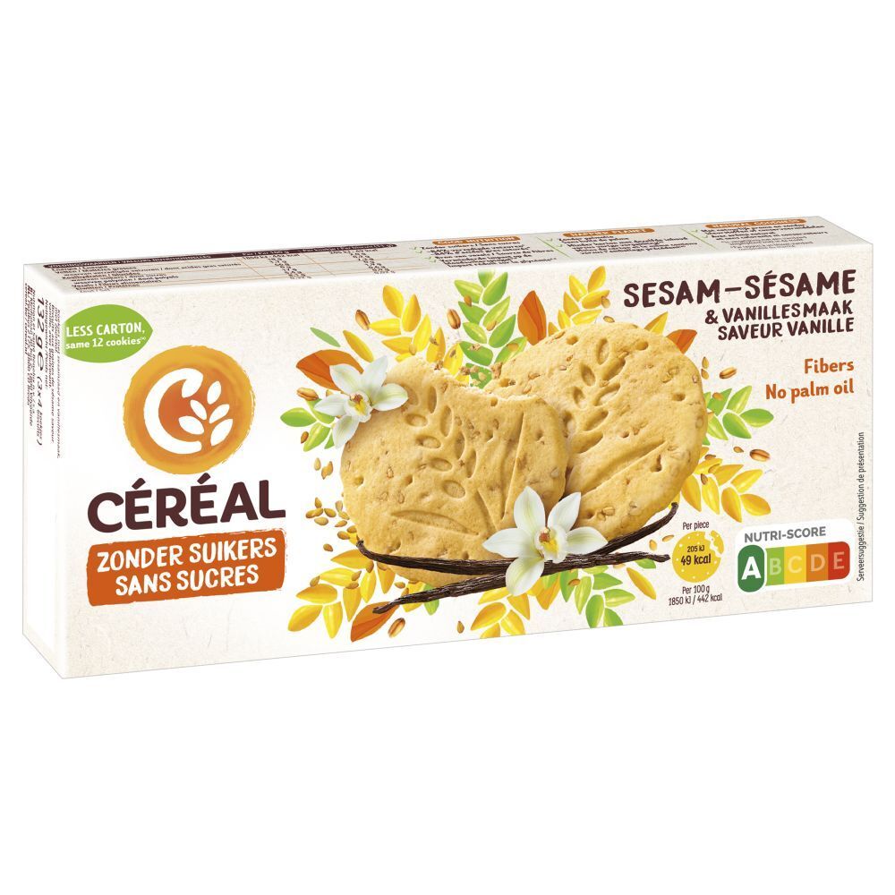Boîte de Céréal Sesam-Sésame & Vanille. Biscuits, décor vanille et sésame. Label Nutri-Score.