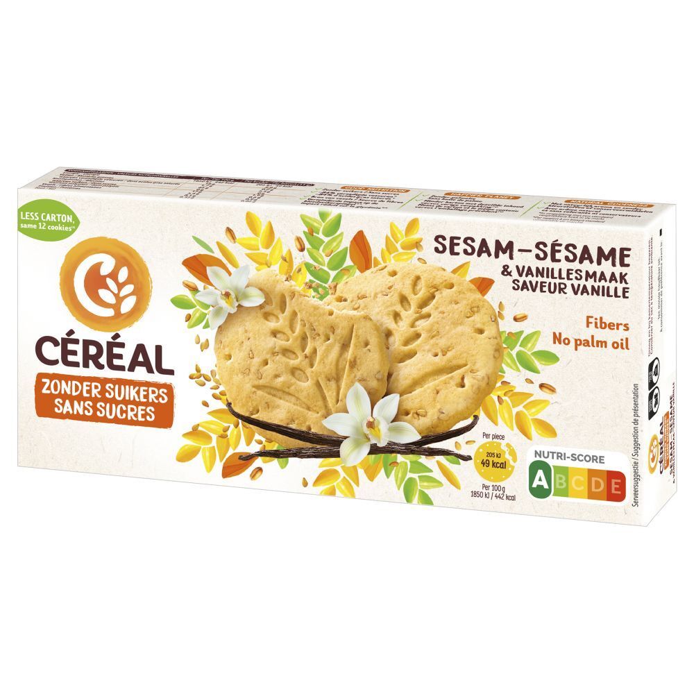 Boîte de Céréal Sesam-Sésame & Vanille. Biscuits, décor vanille et sésame. Label Nutri-Score.