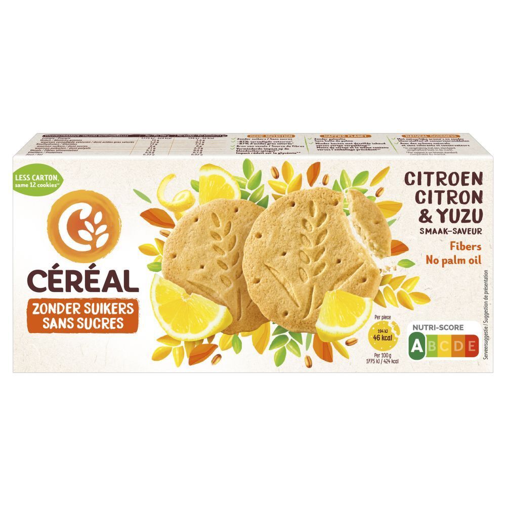 Boîte de biscuits CÉRÉAL Citron & Yuzu. Motifs de citrons et yuzu. Texte: Zonder Suikers, Sans Sucres. Fibres.