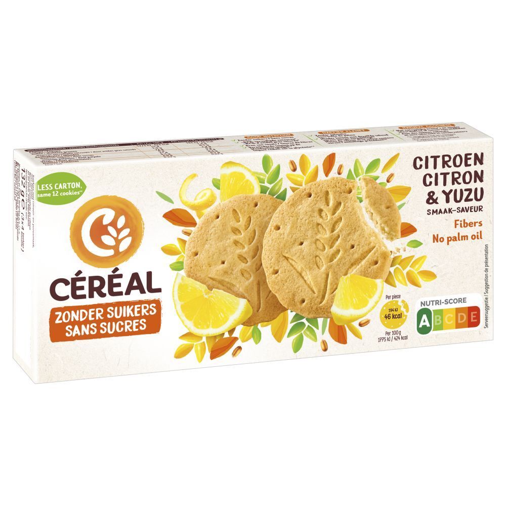 Boîte de biscuits CÉRÉAL Citron & Yuzu. Motifs de citrons et yuzu. Texte: Zonder Suikers, Sans Sucres. Fibres.