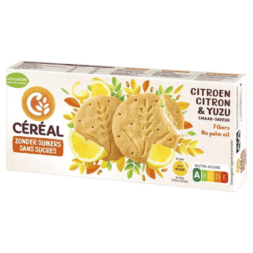 Boîte de biscuits CÉRÉAL Citron & Yuzu. Motifs de citrons et yuzu. Texte: Zonder Suikers, Sans Sucres. Fibres.