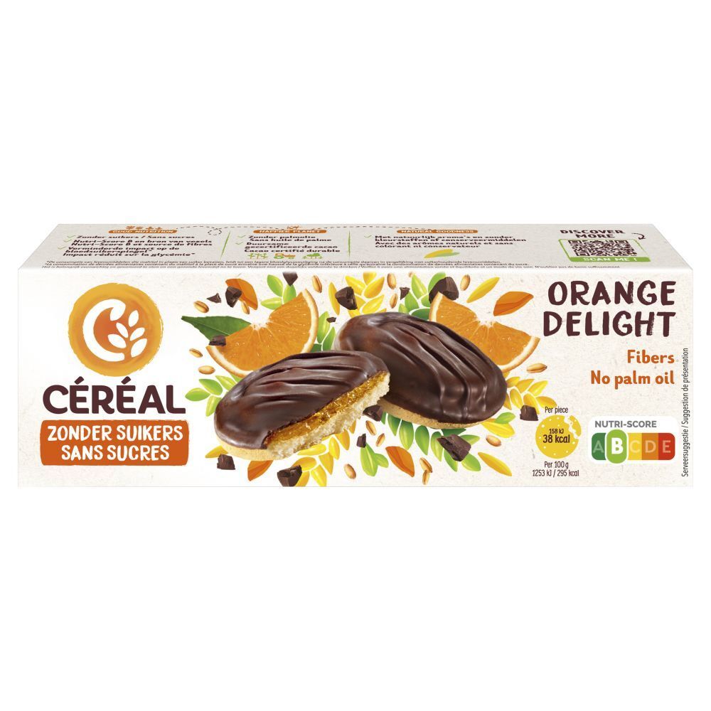 Boîte de biscuits. Inscriptions : CÉREAL, ZONDER SUIKERS, SANS SUCRES, ORANGE DELIGHT, Fibres, sans huile de palme. Informations nutritionnelles.