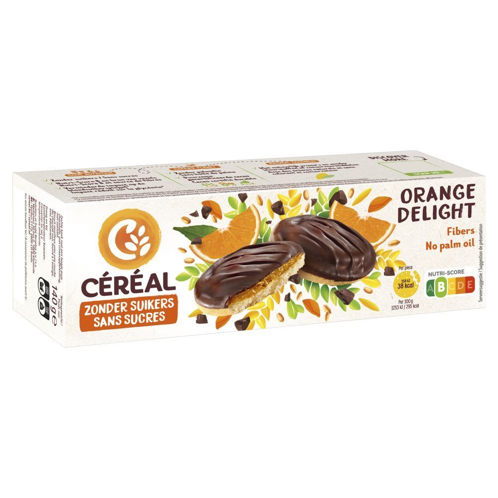 Boîte de biscuits. Inscriptions : CÉREAL, ZONDER SUIKERS, SANS SUCRES, ORANGE DELIGHT, Fibres, sans huile de palme. Informations nutritionnelles.