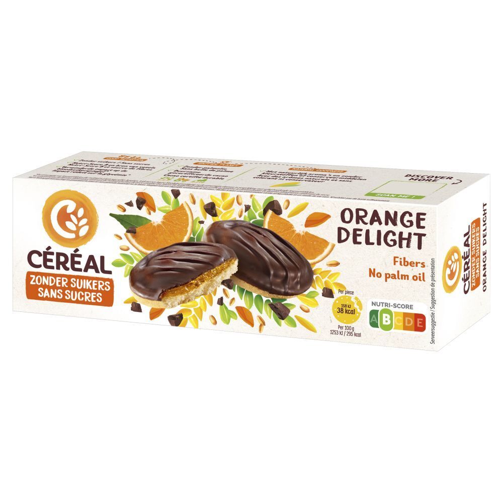 Boîte de biscuits. Inscriptions : CÉREAL, ZONDER SUIKERS, SANS SUCRES, ORANGE DELIGHT, Fibres, sans huile de palme. Informations nutritionnelles.