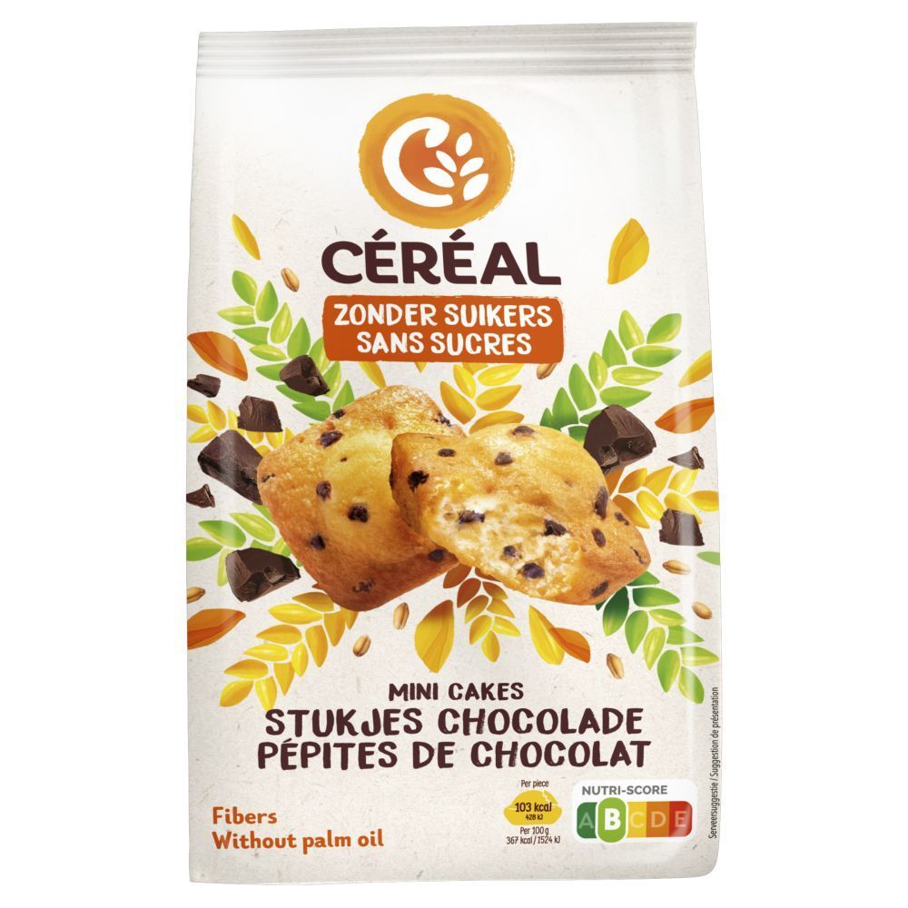 Paquet de CERÉAL Mini Cakes Schoko Chips Zuckerfrei. Inscription : Zonder Suikers, Sans Sucres. Illustration de gâteaux.