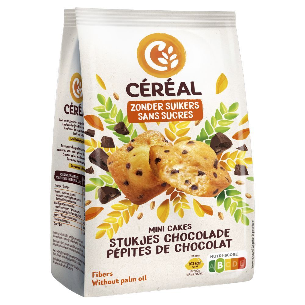 Paquet de CERÉAL Mini Cakes Schoko Chips Zuckerfrei. Inscription : Zonder Suikers, Sans Sucres. Illustration de gâteaux.