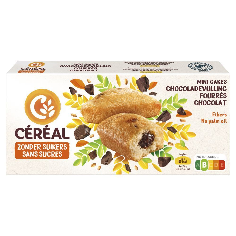 Boîte de CERÉAL Mini Cakes fourrés chocolat sans sucres. Deux gâteaux avec garniture chocolat, feuilles et morceaux de chocolat.