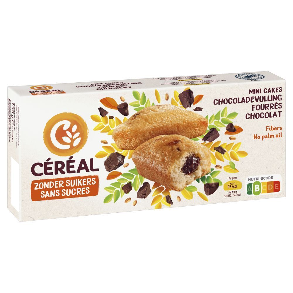 Boîte de CERÉAL Mini Cakes fourrés chocolat sans sucres. Deux gâteaux avec garniture chocolat, feuilles et morceaux de chocolat.