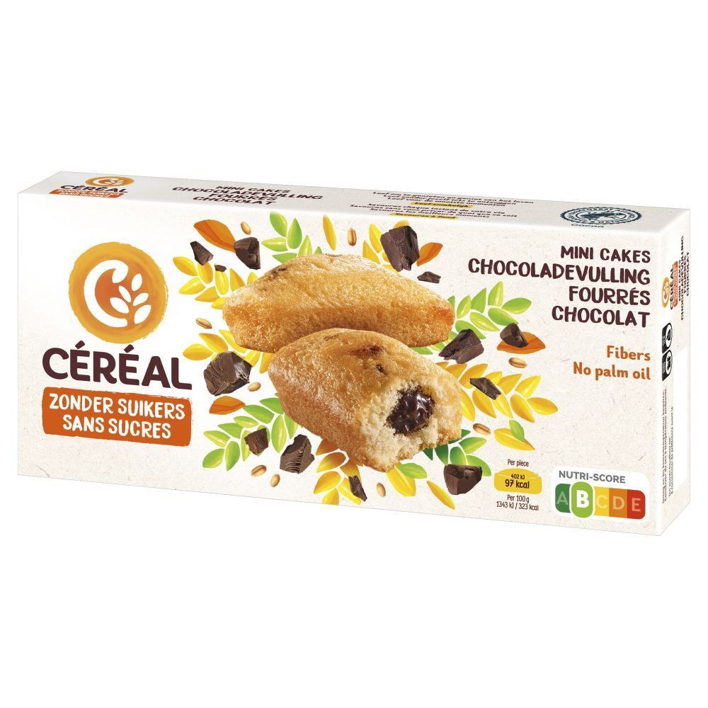 Boîte de CERÉAL Mini Cakes fourrés chocolat sans sucres. Deux gâteaux avec garniture chocolat, feuilles et morceaux de chocolat.