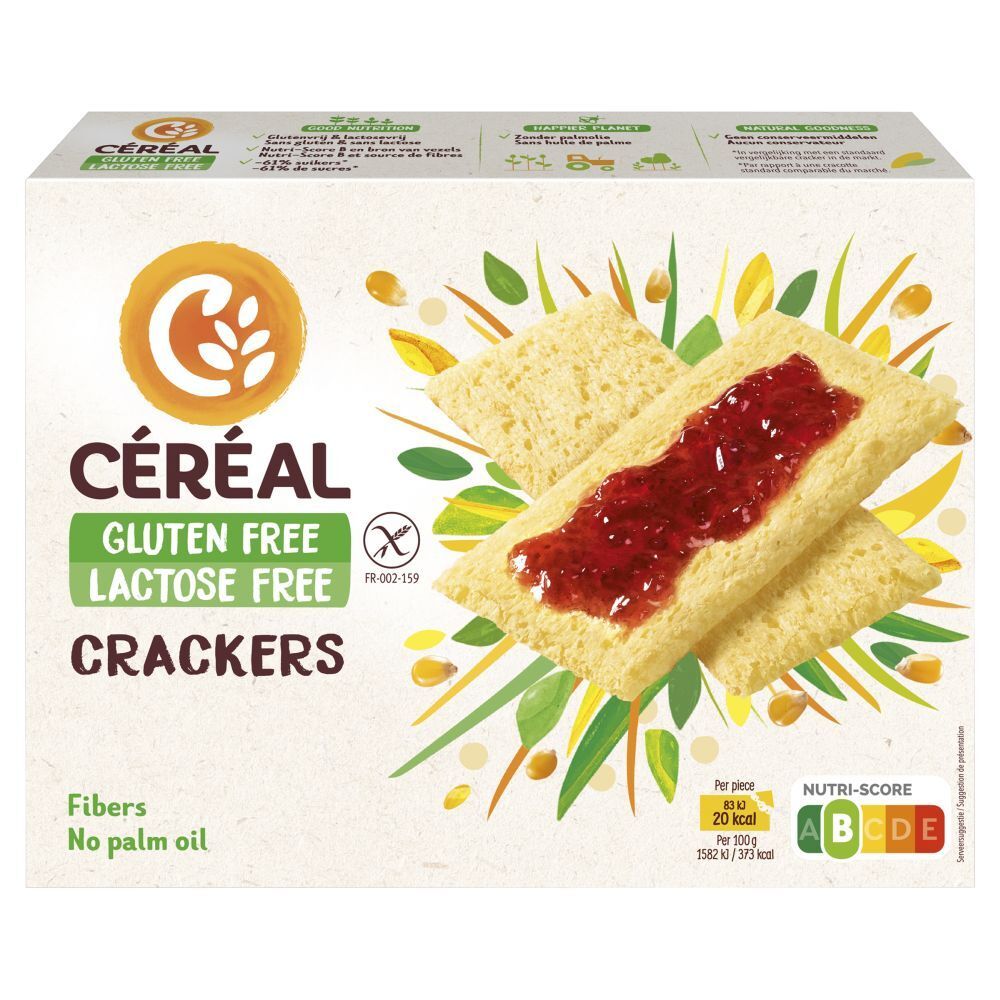 Boîte de crackers sans gluten et sans lactose. Nutri-Score présent. Deux crackers avec de la confiture.