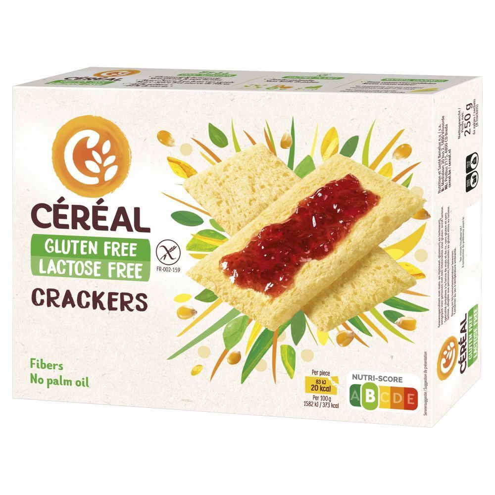 Boîte de crackers sans gluten et sans lactose. Nutri-Score présent. Deux crackers avec de la confiture.