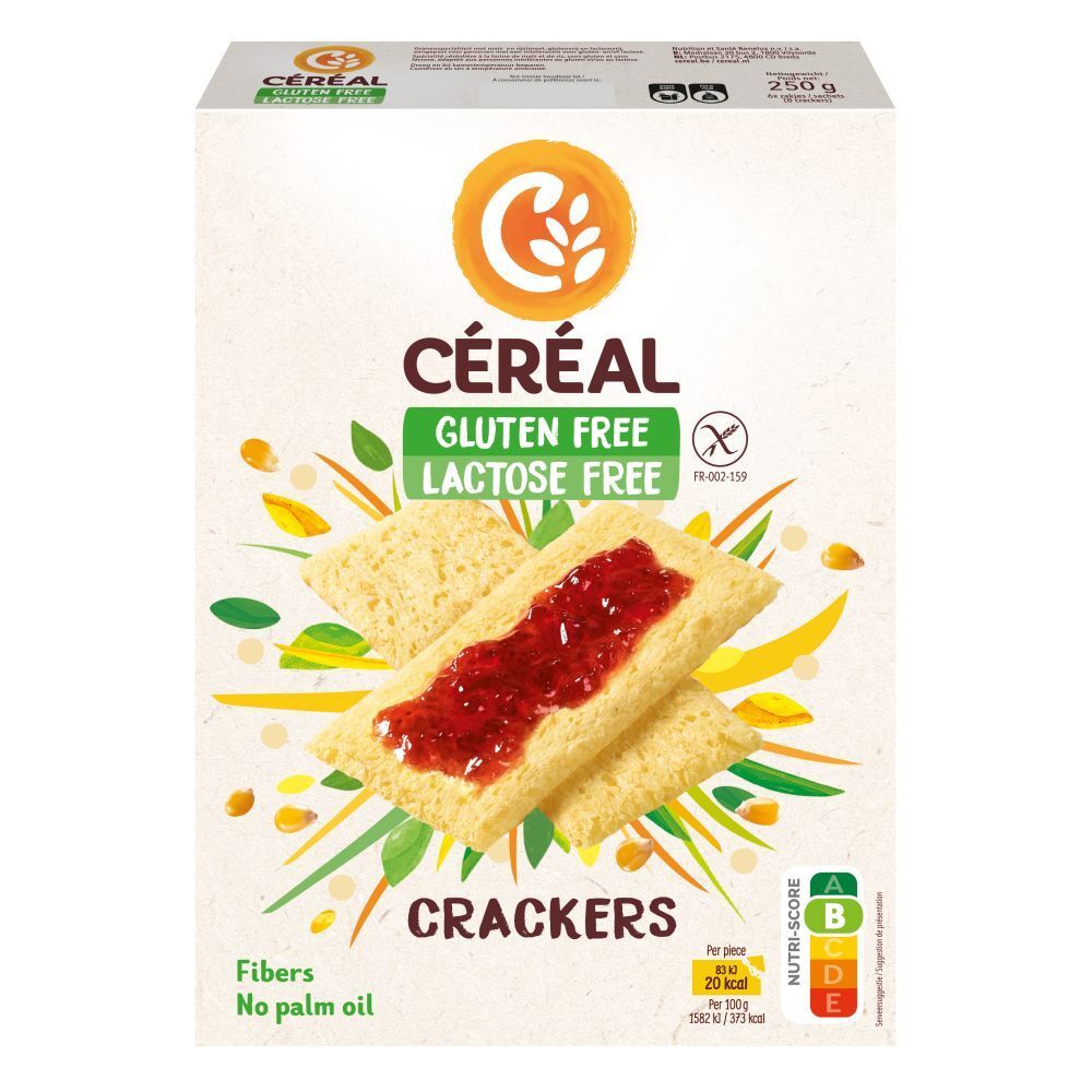 Boîte de crackers sans gluten et sans lactose. Nutri-Score présent. Deux crackers avec de la confiture.