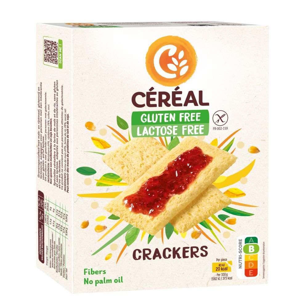 Boîte de crackers sans gluten et sans lactose. Nutri-Score présent. Deux crackers avec de la confiture.
