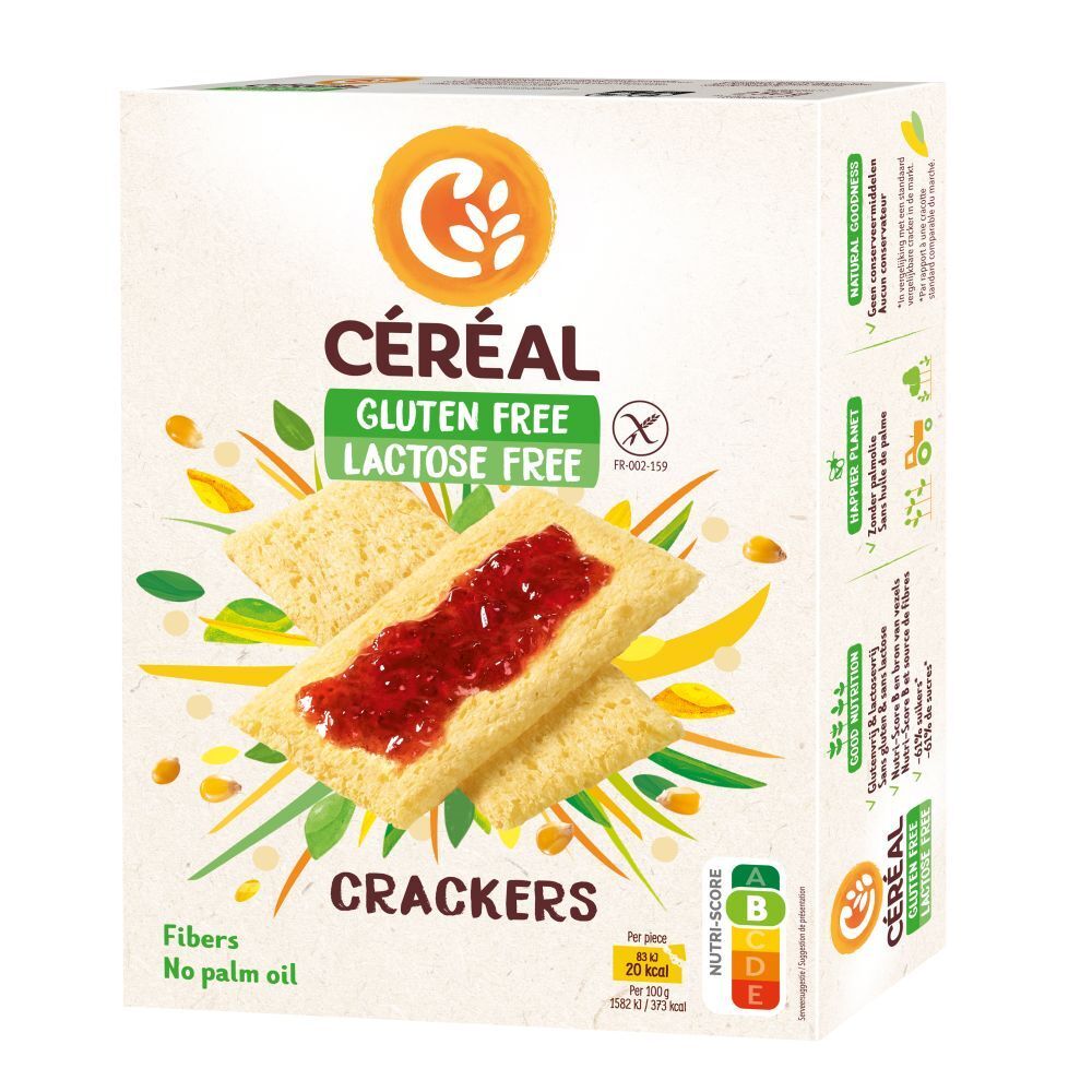 Boîte de crackers sans gluten et sans lactose. Nutri-Score présent. Deux crackers avec de la confiture.