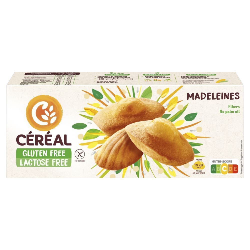 Boîte de madeleines CERÉAL sans gluten et sans lactose. Trois madeleines dorées sur l'emballage. Avec Nutri-Score.