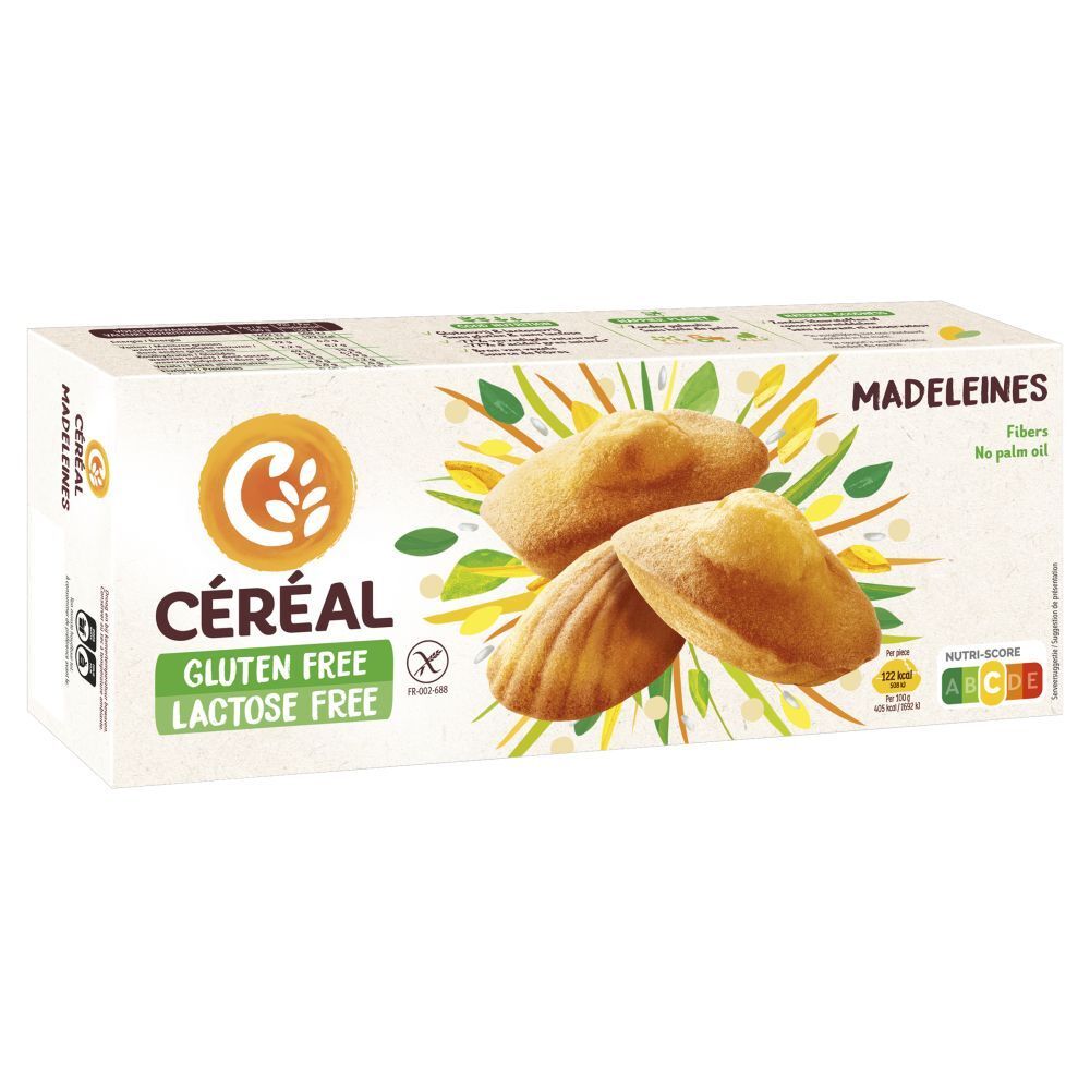 Boîte de madeleines CERÉAL sans gluten et sans lactose. Trois madeleines dorées sur l'emballage. Avec Nutri-Score.