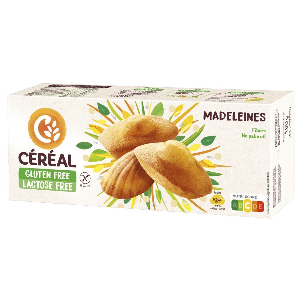 Boîte de madeleines CERÉAL sans gluten et sans lactose. Trois madeleines dorées sur l'emballage. Avec Nutri-Score.