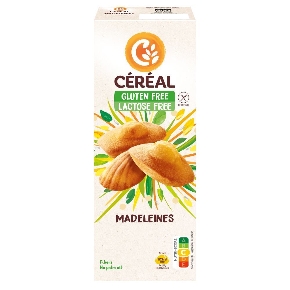 Boîte de madeleines CERÉAL sans gluten et sans lactose. Trois madeleines dorées sur l'emballage. Avec Nutri-Score.