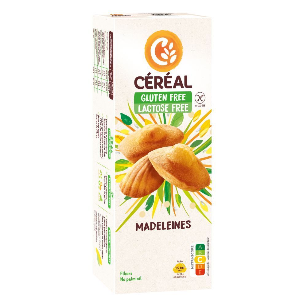 Boîte de madeleines CERÉAL sans gluten et sans lactose. Trois madeleines dorées sur l'emballage. Avec Nutri-Score.