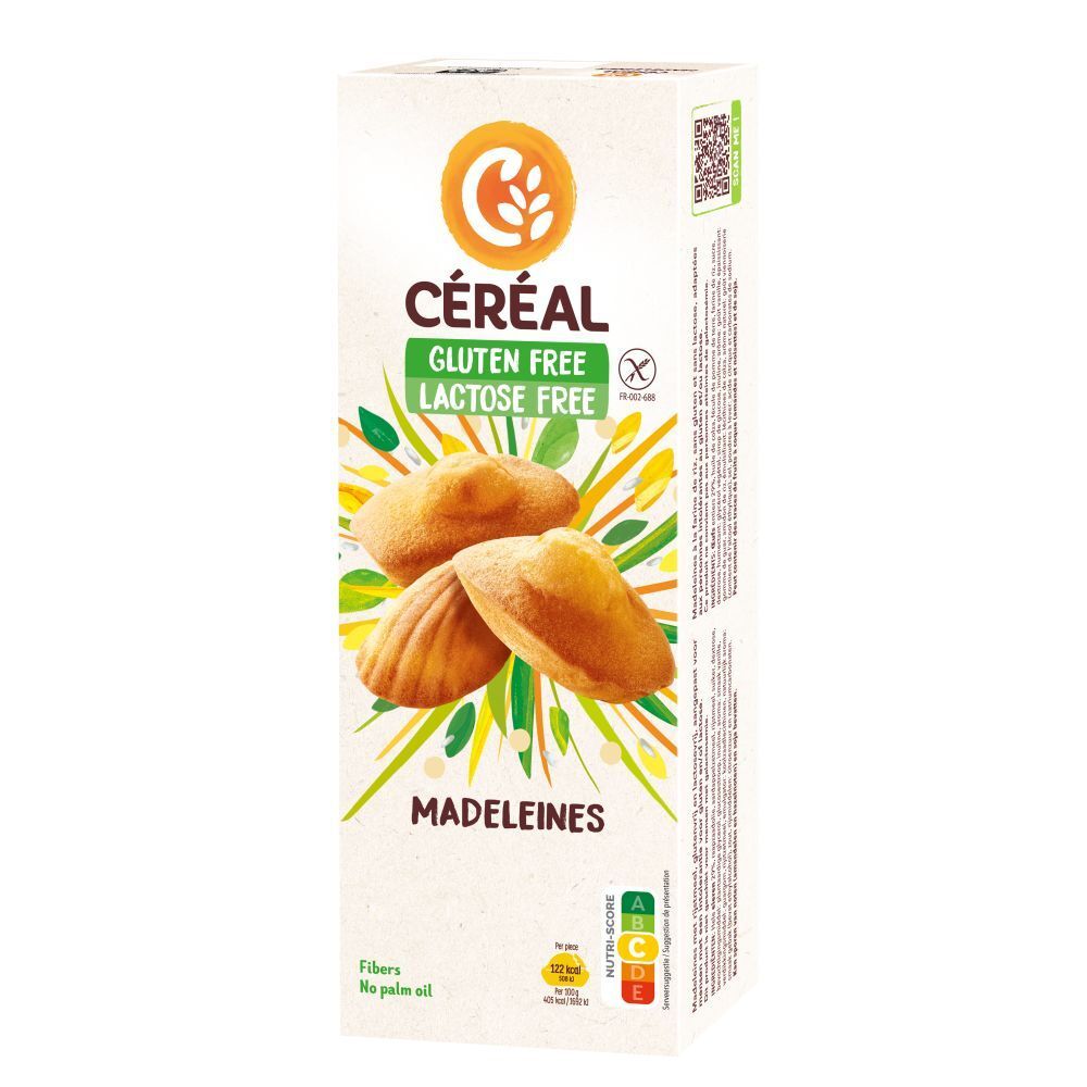 Boîte de madeleines CERÉAL sans gluten et sans lactose. Trois madeleines dorées sur l'emballage. Avec Nutri-Score.