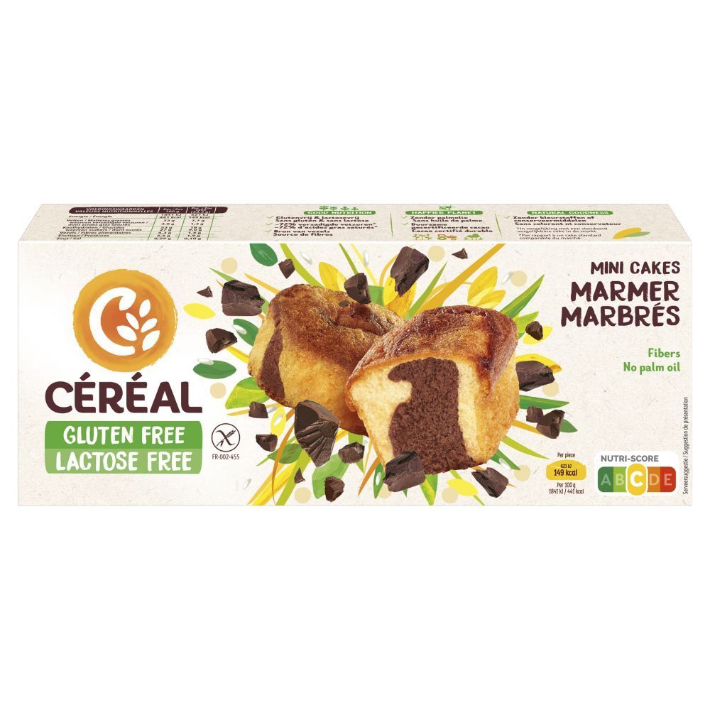 Boîte de CERECAL Mini Cakes marbrés sans gluten et lactose. Gâteaux avec morceaux de chocolat.
