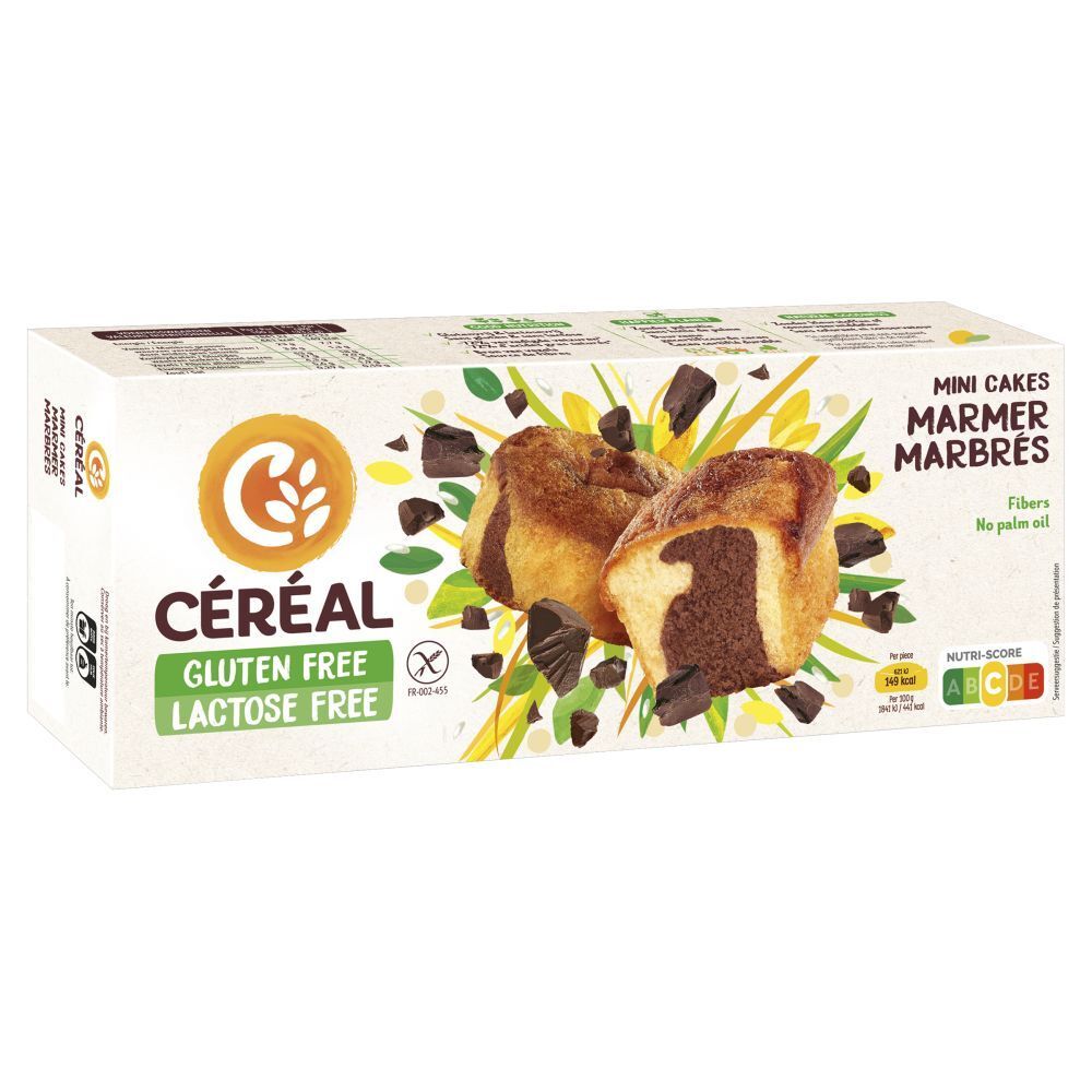 Boîte de CERECAL Mini Cakes marbrés sans gluten et lactose. Gâteaux avec morceaux de chocolat.