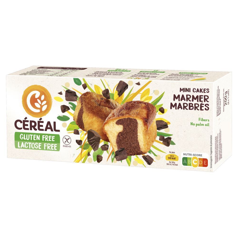 Boîte de CERECAL Mini Cakes marbrés sans gluten et lactose. Gâteaux avec morceaux de chocolat.