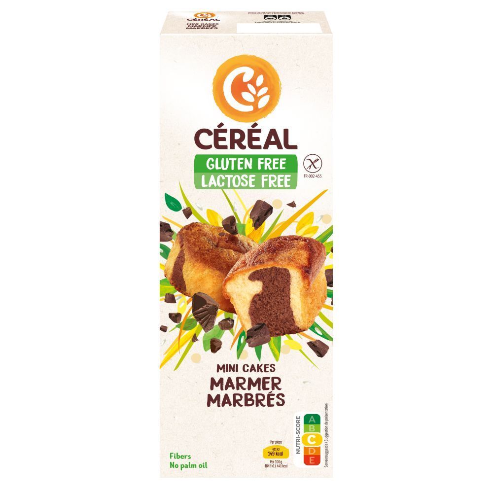 Boîte de CERECAL Mini Cakes marbrés sans gluten et lactose. Gâteaux avec morceaux de chocolat.