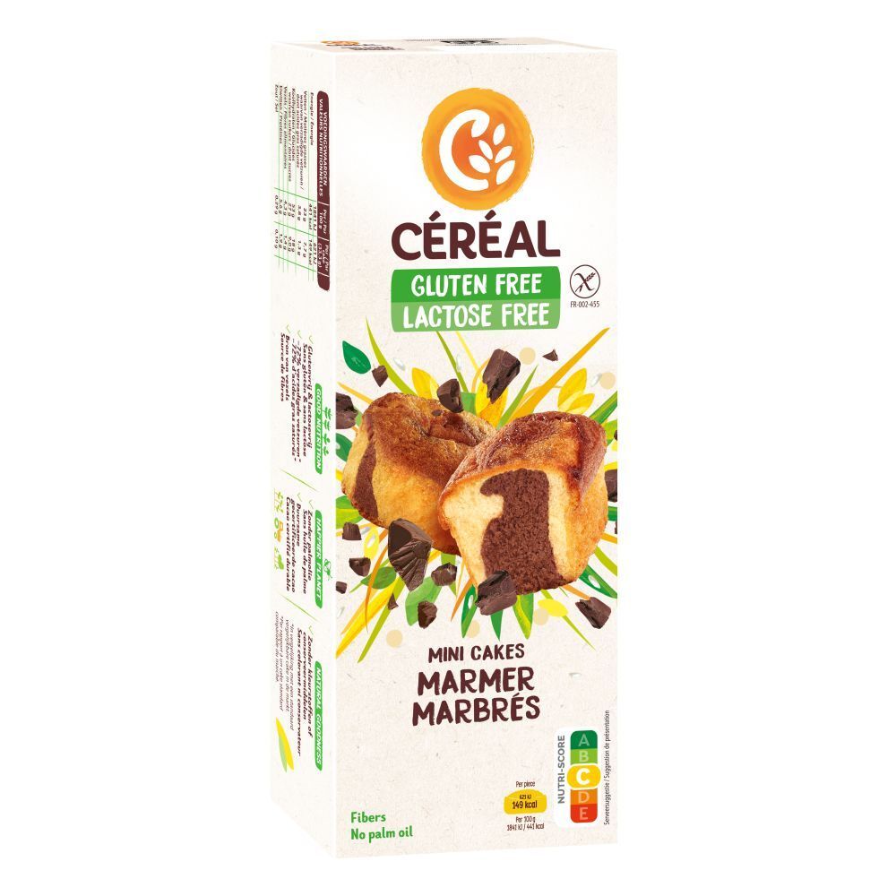 Boîte de CERECAL Mini Cakes marbrés sans gluten et lactose. Gâteaux avec morceaux de chocolat.