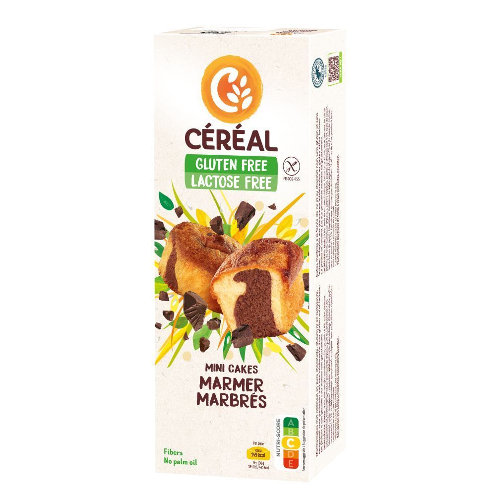 Boîte de CERECAL Mini Cakes marbrés sans gluten et lactose. Gâteaux avec morceaux de chocolat.