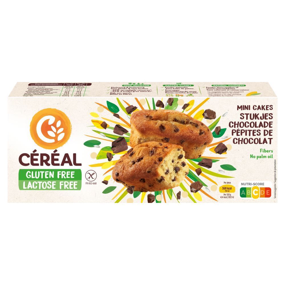 Boîte de CERÉAL Mini Cakes aux pépites de chocolat. Sans gluten et sans lactose. Deux gâteaux avec pépites de chocolat sont représentés.
