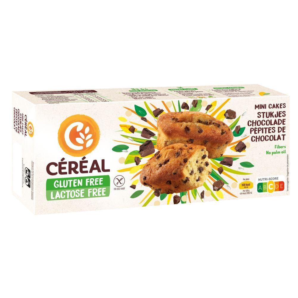 Boîte de CERÉAL Mini Cakes aux pépites de chocolat. Sans gluten et sans lactose. Deux gâteaux avec pépites de chocolat sont représentés.