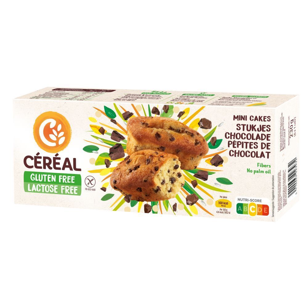 Boîte de CERÉAL Mini Cakes aux pépites de chocolat. Sans gluten et sans lactose. Deux gâteaux avec pépites de chocolat sont représentés.