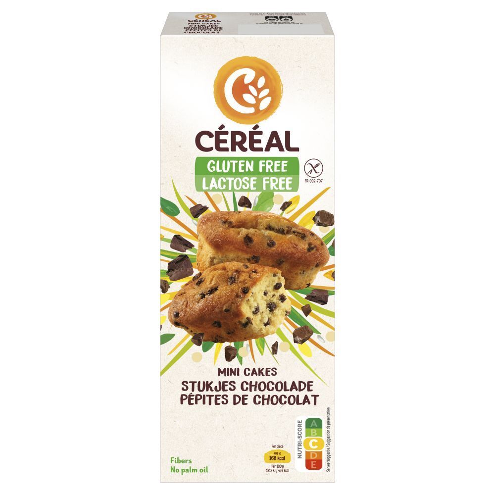 Boîte de CERÉAL Mini Cakes aux pépites de chocolat. Sans gluten et sans lactose. Deux gâteaux avec pépites de chocolat sont représentés.