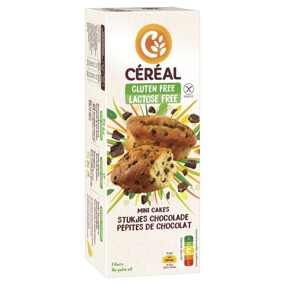 Boîte de CERÉAL Mini Cakes aux pépites de chocolat. Sans gluten et sans lactose. Deux gâteaux avec pépites de chocolat sont représentés.