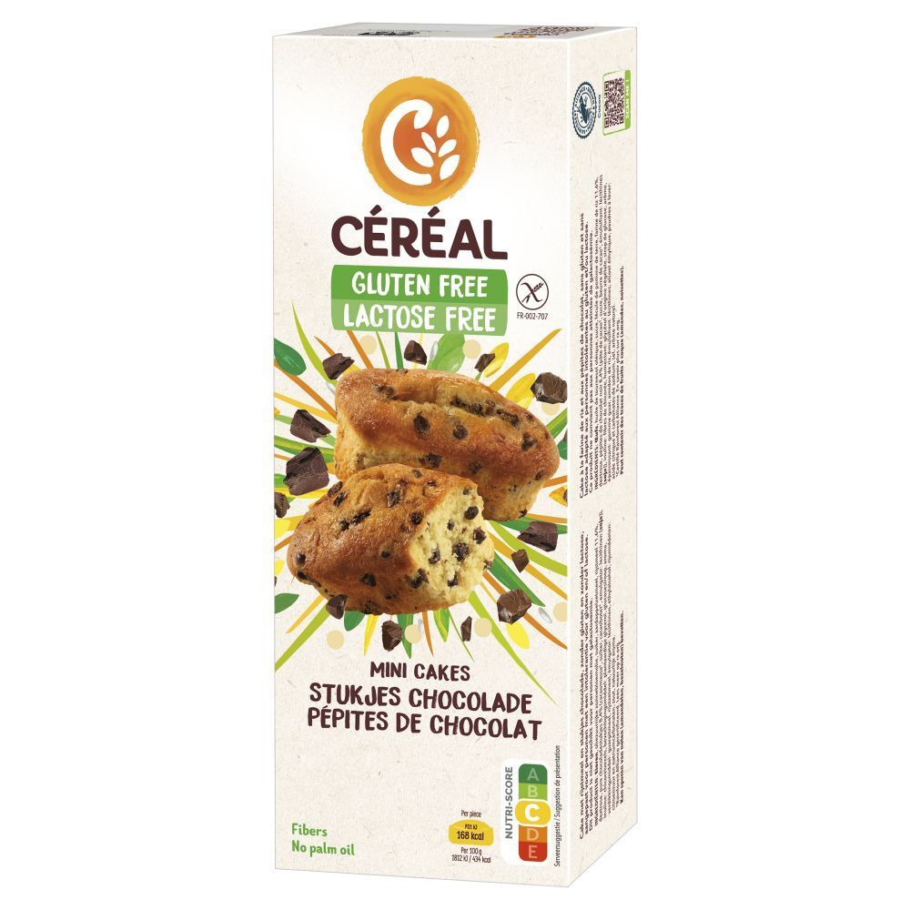 Boîte de CERÉAL Mini Cakes aux pépites de chocolat. Sans gluten et sans lactose. Deux gâteaux avec pépites de chocolat sont représentés.