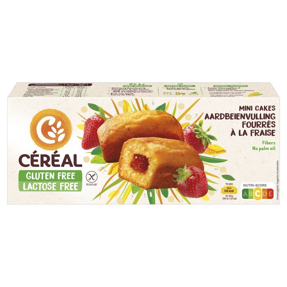 Boîte de mini-cakes fourrés à la fraise. Sans gluten, sans lactose. Marque Céréal. Décoré de fraises.