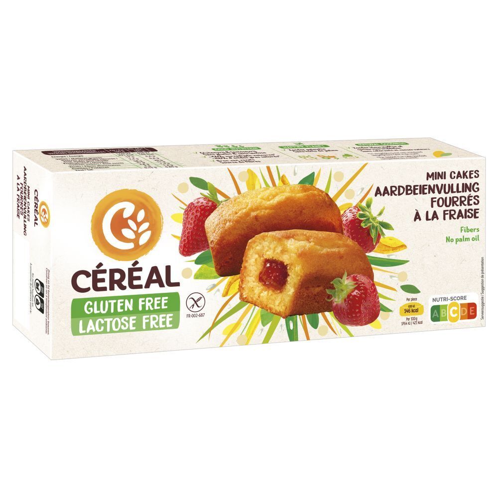 Boîte de mini-cakes fourrés à la fraise. Sans gluten, sans lactose. Marque Céréal. Décoré de fraises.
