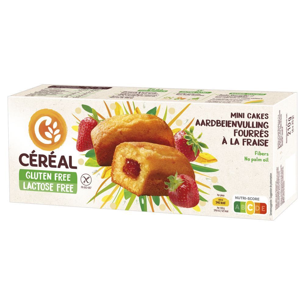 Boîte de mini-cakes fourrés à la fraise. Sans gluten, sans lactose. Marque Céréal. Décoré de fraises.