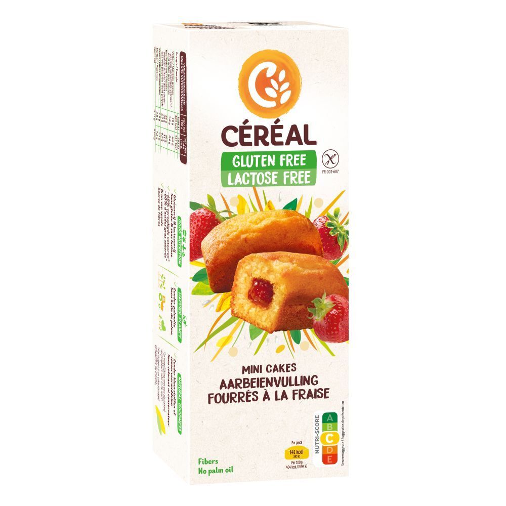 Boîte de mini-cakes fourrés à la fraise. Sans gluten, sans lactose. Marque Céréal. Décoré de fraises.