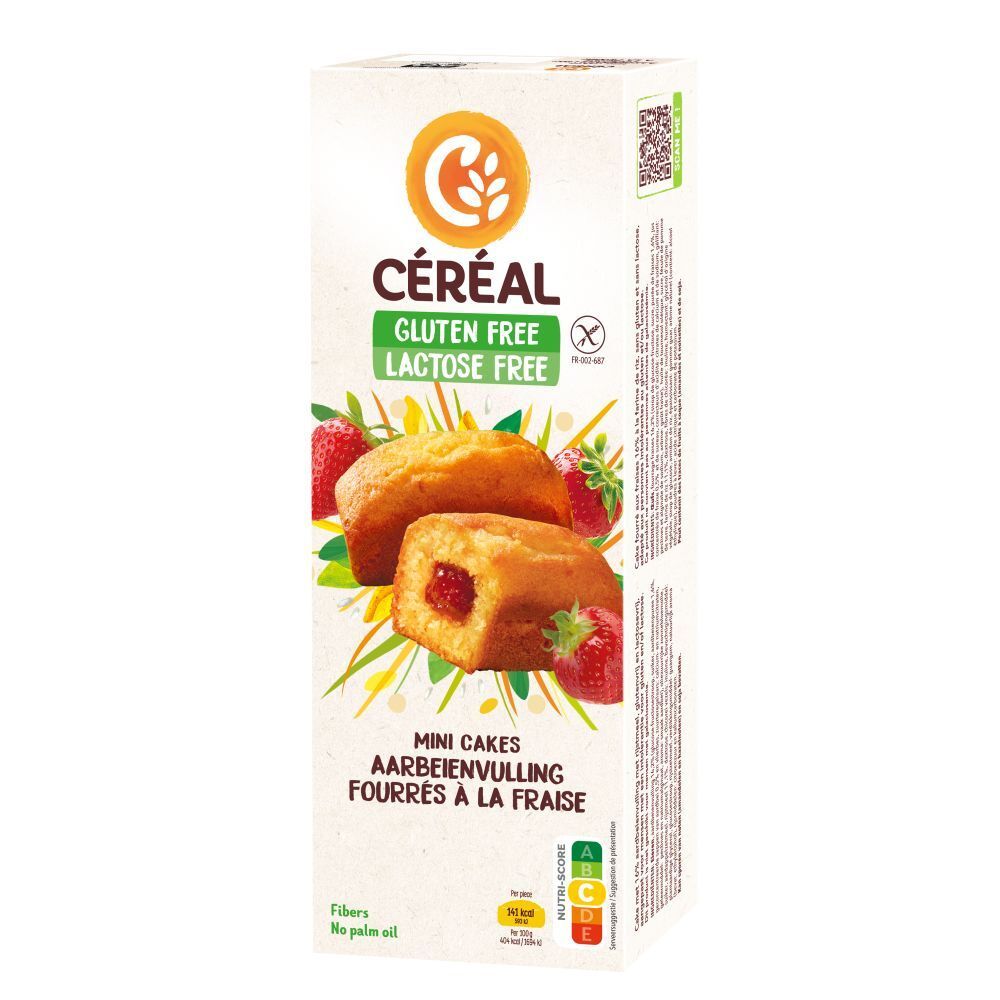 Boîte de mini-cakes fourrés à la fraise. Sans gluten, sans lactose. Marque Céréal. Décoré de fraises.
