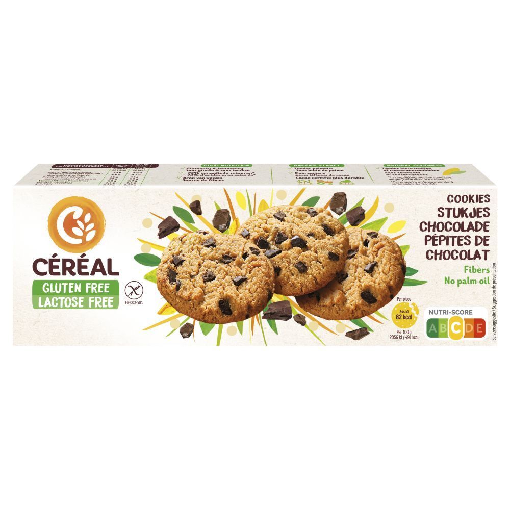 Biscuits aux pépites de chocolat. Sans gluten, sans lactose. Boîte avec biscuits et morceaux de chocolat. Nutri-Score.
