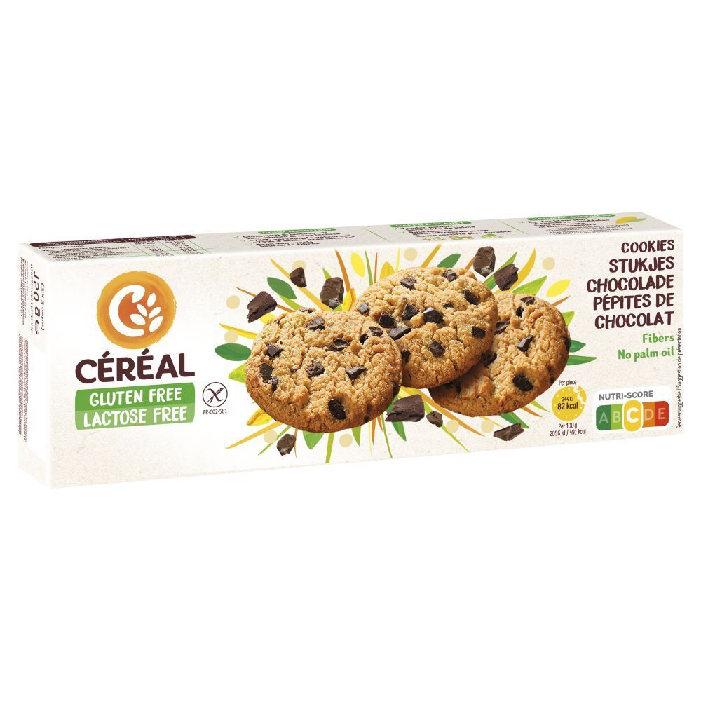 Biscuits aux pépites de chocolat. Sans gluten, sans lactose. Boîte avec biscuits et morceaux de chocolat. Nutri-Score.