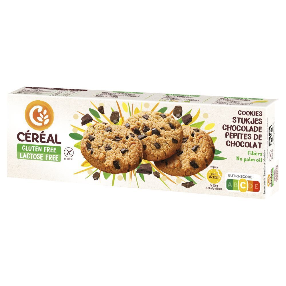 Biscuits aux pépites de chocolat. Sans gluten, sans lactose. Boîte avec biscuits et morceaux de chocolat. Nutri-Score.