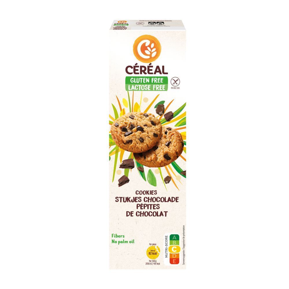 Biscuits aux pépites de chocolat. Sans gluten, sans lactose. Boîte avec biscuits et morceaux de chocolat. Nutri-Score.