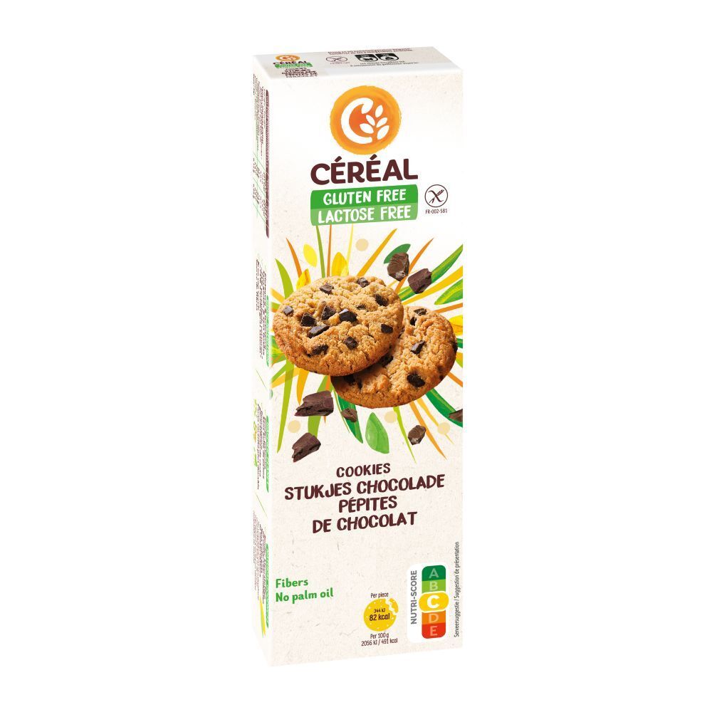 Biscuits aux pépites de chocolat. Sans gluten, sans lactose. Boîte avec biscuits et morceaux de chocolat. Nutri-Score.