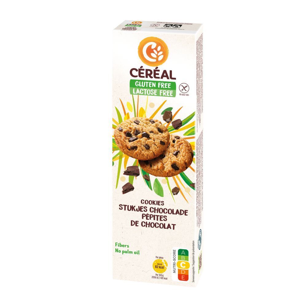 Biscuits aux pépites de chocolat. Sans gluten, sans lactose. Boîte avec biscuits et morceaux de chocolat. Nutri-Score.