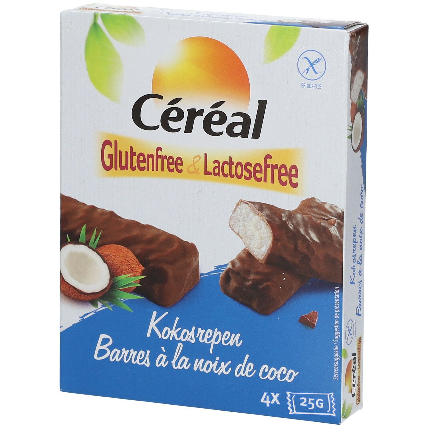 Boîte de barres Céréal à la noix de coco. Sans gluten et sans lactose. 4 barres de 25g. Illustration de noix de coco.