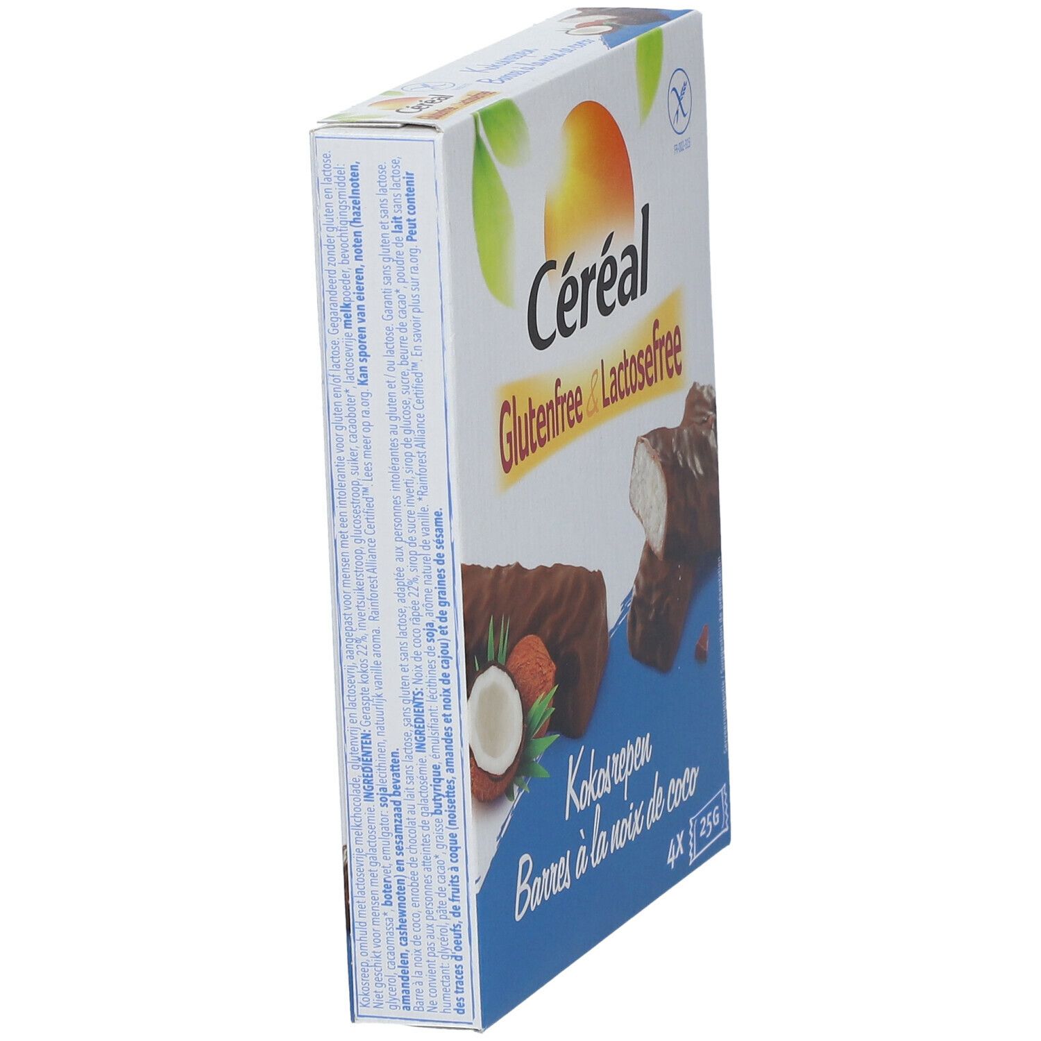 Vue oblique de l'emballage des barres Céréal. Sans gluten et sans lactose. Texte et illustrations de noix de coco et barres.