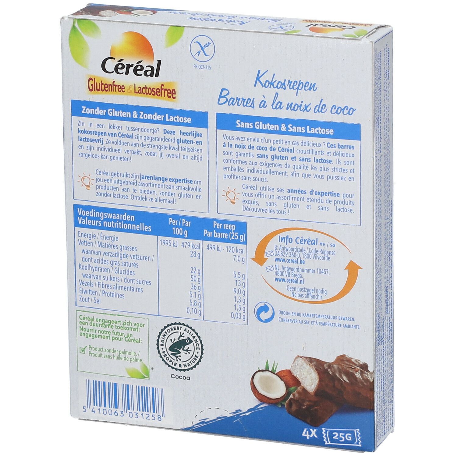 Dos de l'emballage des barres Céréal. Informations nutritionnelles, texte en allemand, français et néerlandais. Illustration de noix de coco.